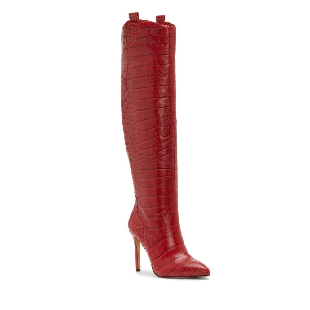 SOLD VINCE CAMUTO Kervana Pointy Toe Knee High Crocodile Boot Red 8.5 NEW - Picture 2 of 13